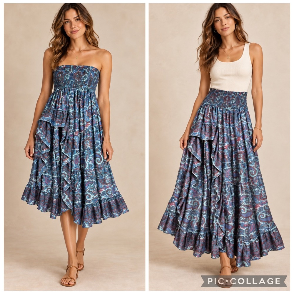 Zury Women One Size SILK Maxi Skirt Teal Paisley Tiered Hi Low Smocked Boho
